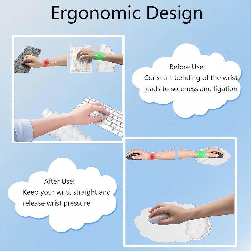 WFCYGL Cloud Wrist Rest Keyboard Cute Cloud Mouse Pad with Wrist Rest for Keyboard and Mouse Leather Cloud Wrist Pad Non-Slip Wrist Support for Computer Gaming Home Office Desk Decor Relief Pain White - Image 3